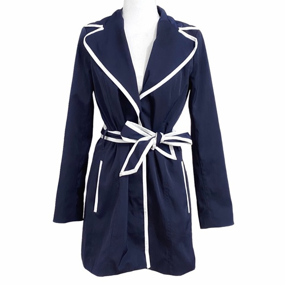 BANANA REPUBLIC NAVY WHITE BUTTON FRONT BELTED TRENCH  COAT - XS - Picture 1 of 15